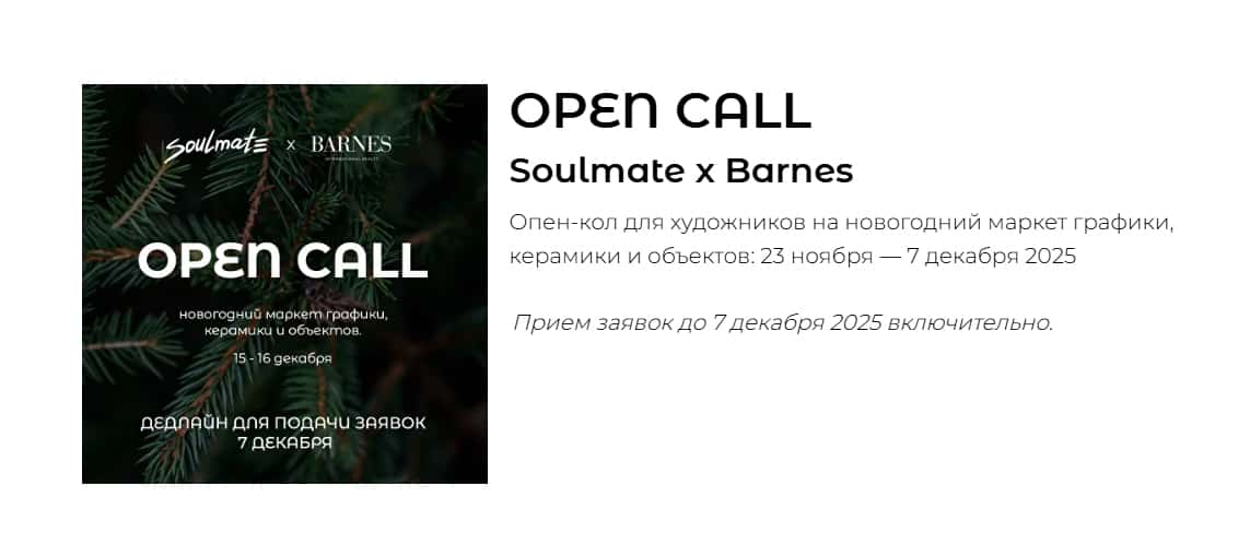 Open call галереи Soulmate х Barnes на участие в маркете до 7 декабря
